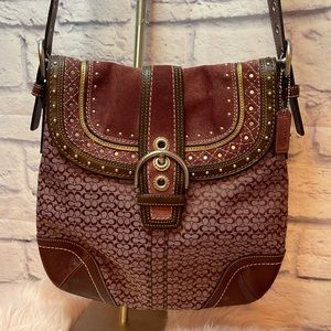 Coach Soho Messenger Bag F11405 Burgundy Signature Canvas Western Buckle Studded